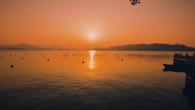 西湖延时落日空镜头夕阳