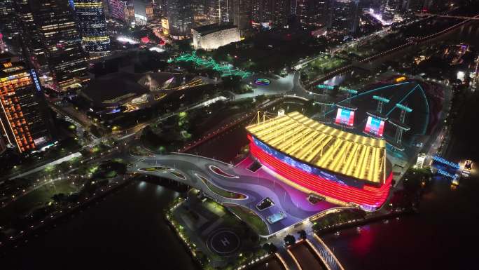 广州海心沙夜景航拍广州大桥天河体育中心夜