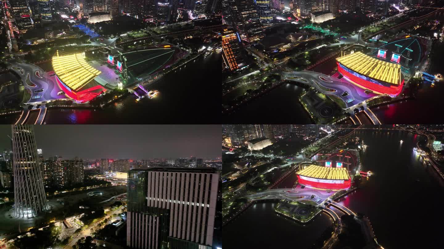 广州海心沙夜景航拍广州大桥天河体育中心夜