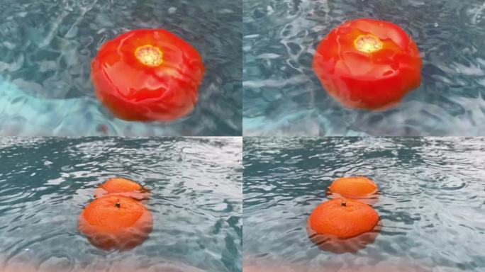 水中飘香：漂在水上的橘子和番茄