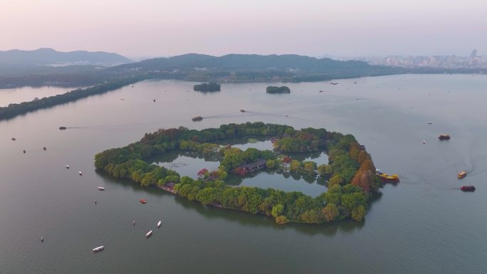 杭州西湖景区三潭印月小瀛洲航拍风景大自然