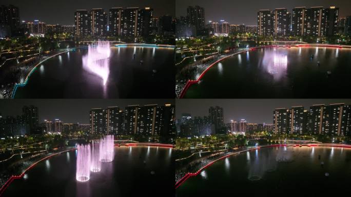 金沙湖喷泉金沙湖大剧院夜景航拍城市地标