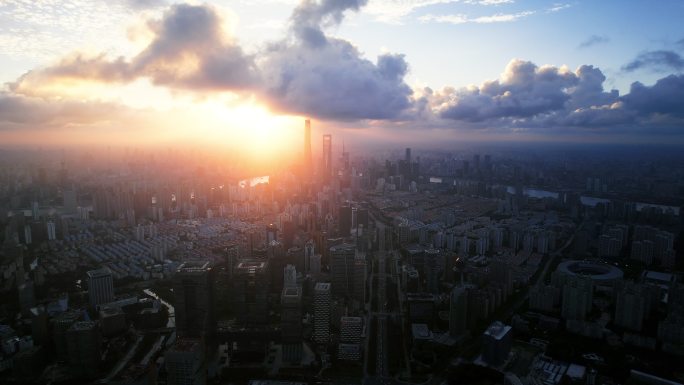 上海世纪大道大气震撼逆光航拍长镜头