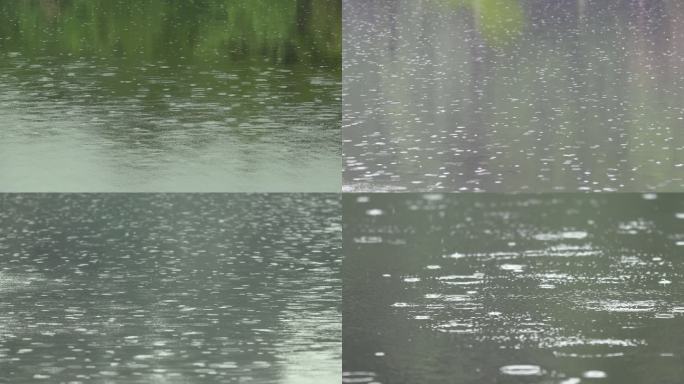 下雨时滴水湖面空镜头