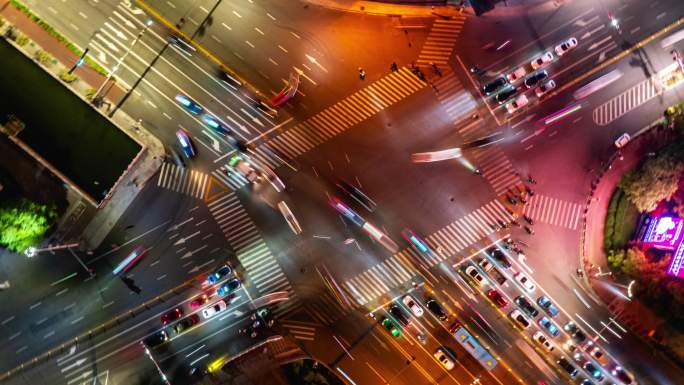 运城市区路口夜景航拍延时