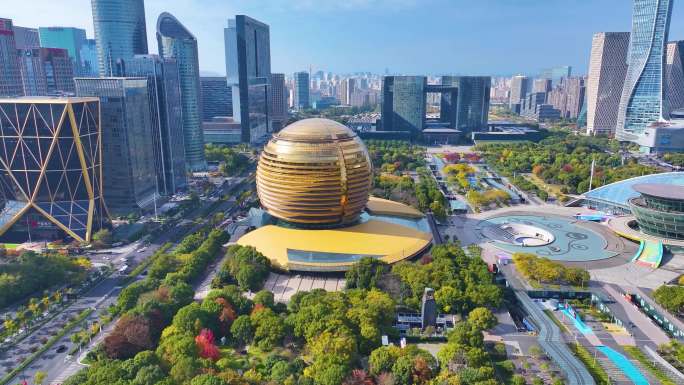 浙江杭州钱江新城市民中心航拍城市地标风景