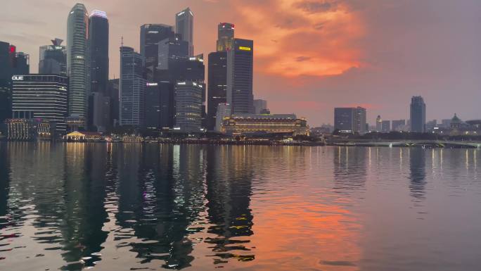 新加坡滨海湾夕阳倒影CBD美景