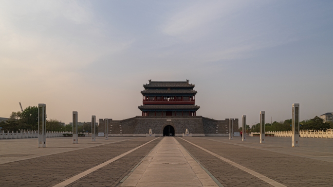 北京中轴线-永定门大范围延时石狮日落剪影