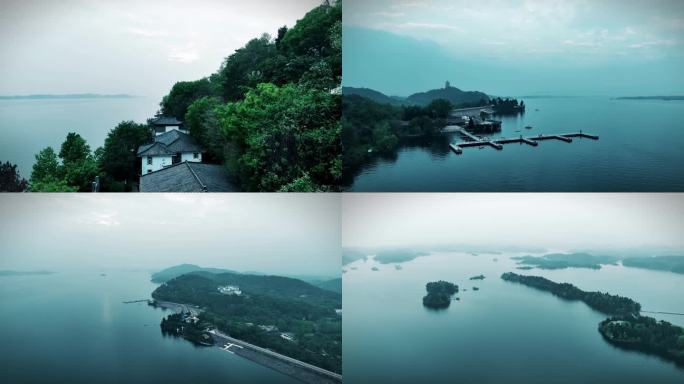 航拍安徽六安万佛湖，烟波浩渺，江南山水画