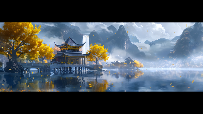 瀑布湖中亭子水墨画舞台背景