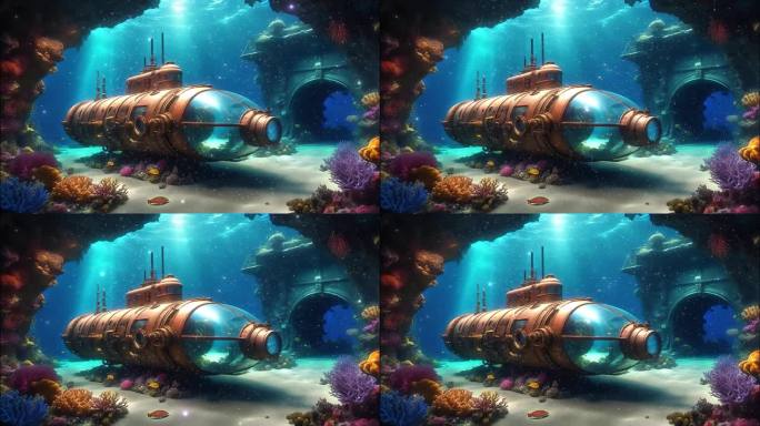 4K唯美梦幻卡通动漫海底世界潜水艇背景
