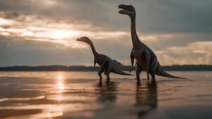 腕龙群在浅水湖中移动-史前恐龙动画