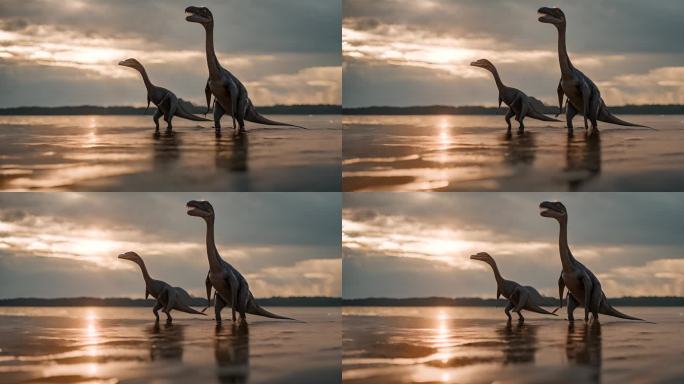 腕龙群在浅水湖中移动-史前恐龙动画