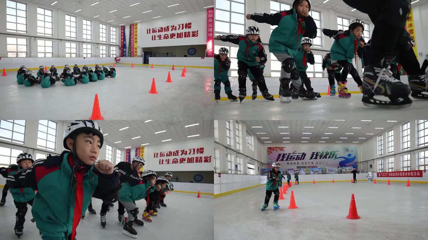 小学生在仿真滑冰馆进行滑冰训练