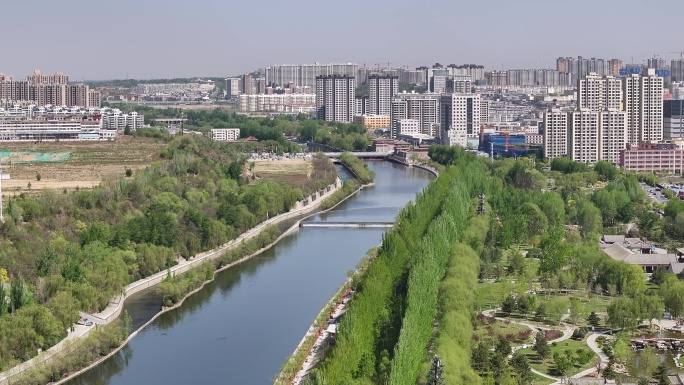 陕西榆林城市街景沙河滨河公园房地产游乐园