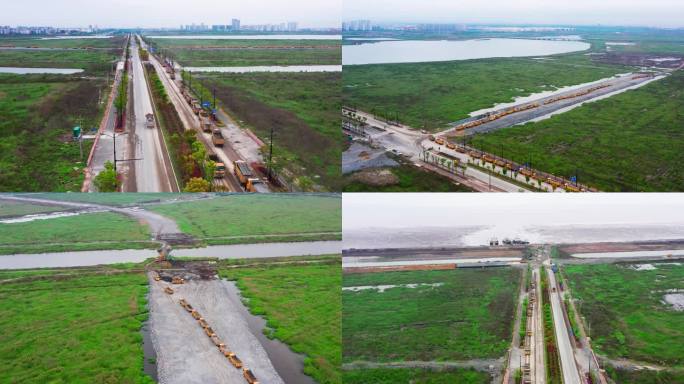 台州湾新区，提升后的海边堤坝，工程施工