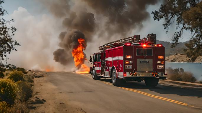 森林火灾大型移动小车拍摄火焰树木烟雾