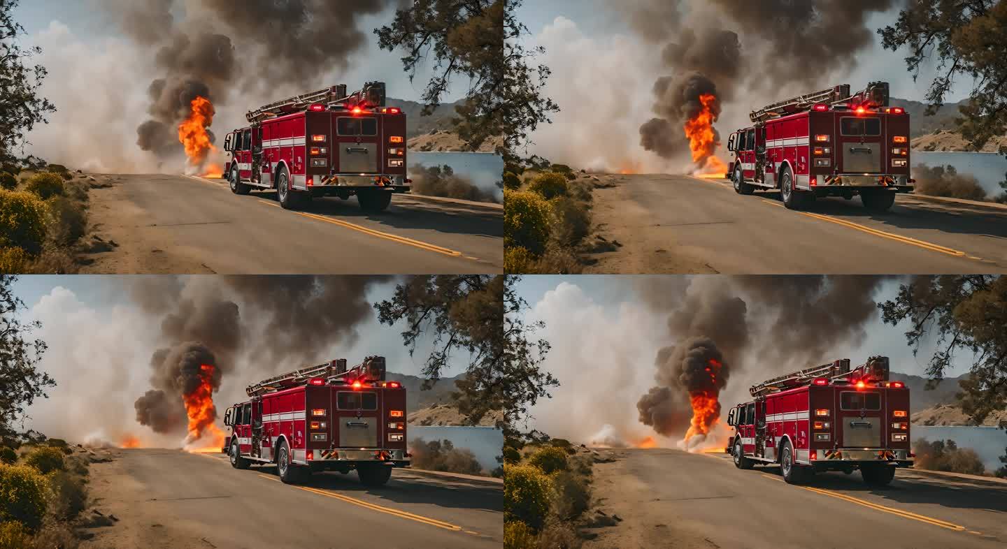 森林火灾大型移动小车拍摄火焰树木烟雾
