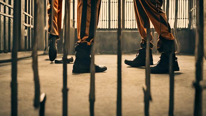 带脚链行走的囚犯脚镣约束监狱死囚区
