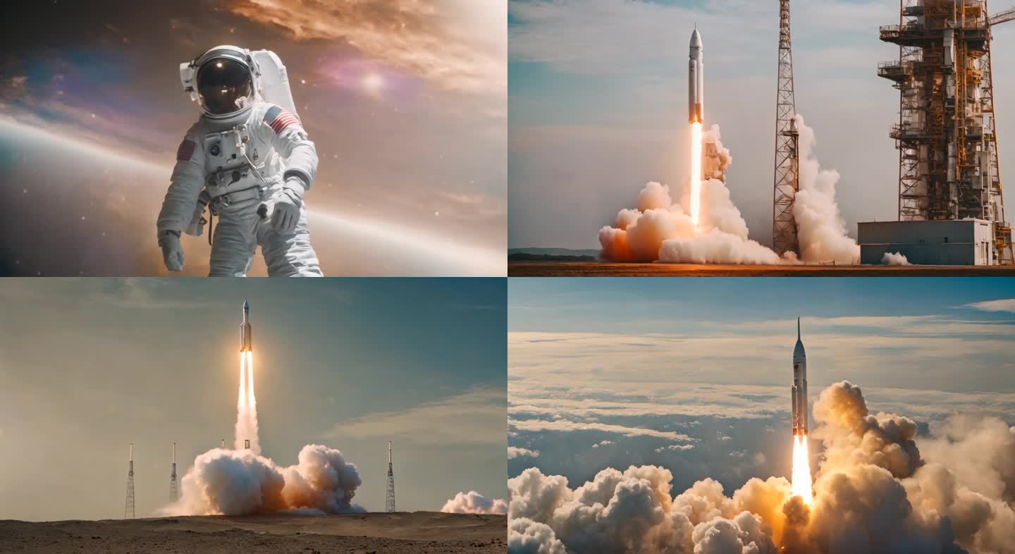 火箭发射穿过云层宇航员太空遨游