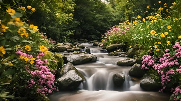 唯美花草溪流