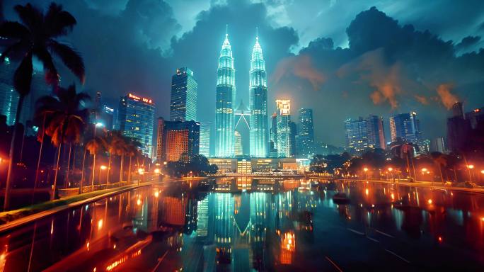 马来西亚夜幕下双子塔灯光璀璨如星辰闪烁2