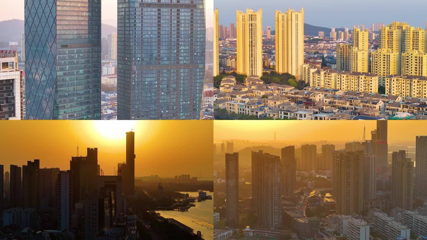 镇江市润州区京口区航拍夕阳西下美景高楼大