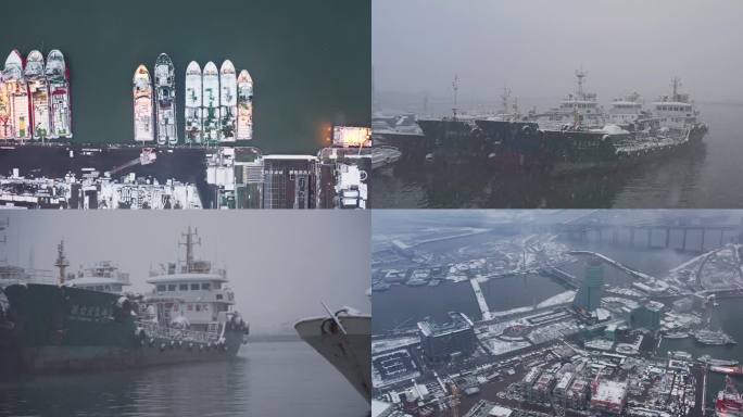 雪中的码头 码头船舶 4K航拍