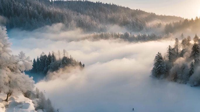 雾凇航拍冬季冬天自然风光唯美风景河流