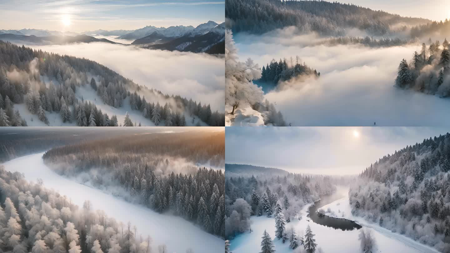 雾凇航拍冬季冬天自然风光唯美风景河流