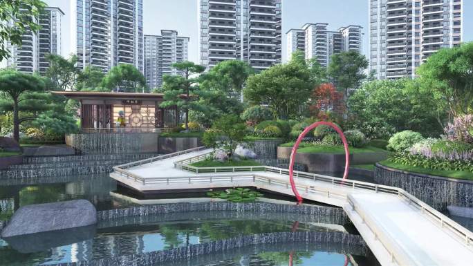 新中式园林景观水景漫游动画