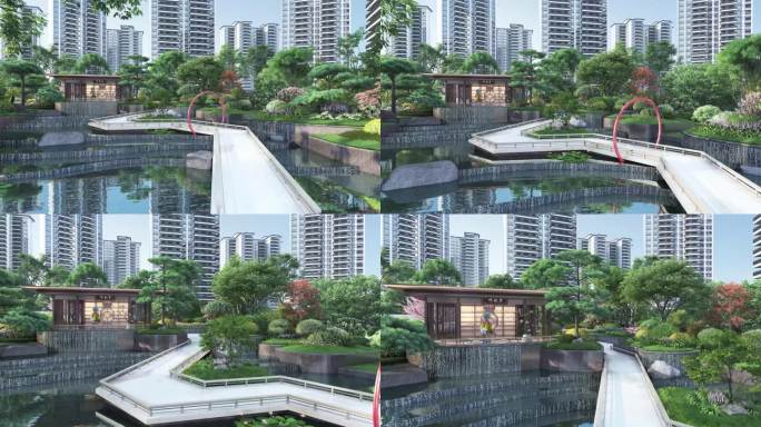新中式园林景观水景漫游动画