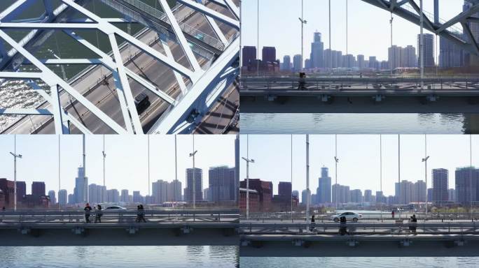 桥上走的人 城市桥4K航拍