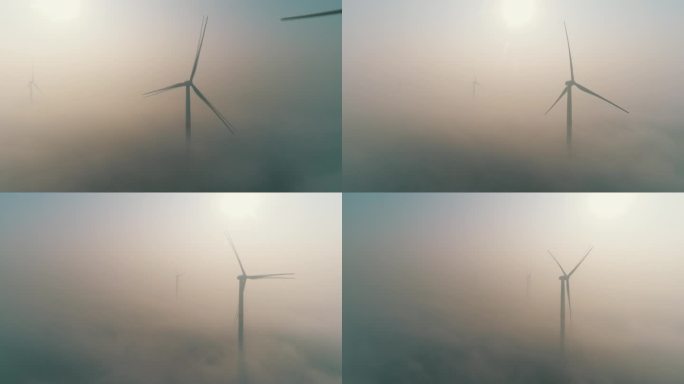云雾中的电力风机航拍超清4K视频素材22