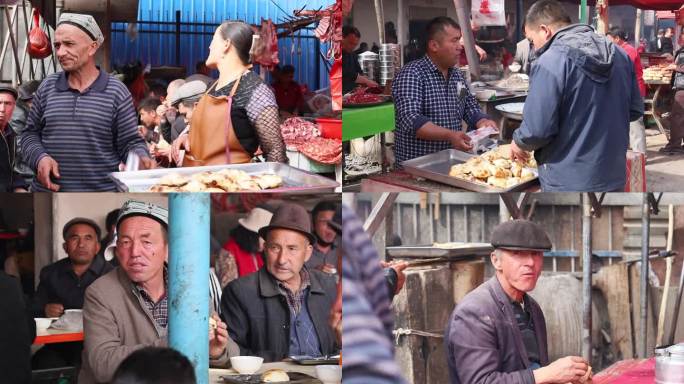 新疆巴扎上卖烤包子的商户和客人