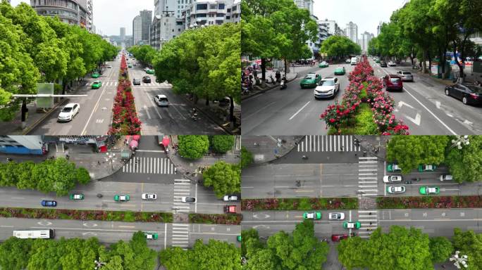 4K 航拍花开满凯里 城市道路交通2