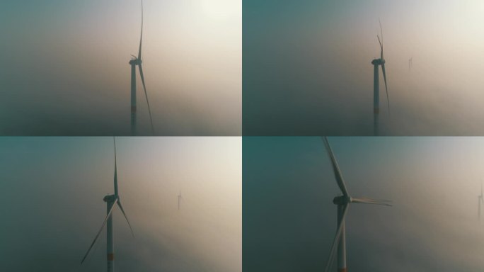 云雾缭绕中的电力风机航拍超清4K视频素材