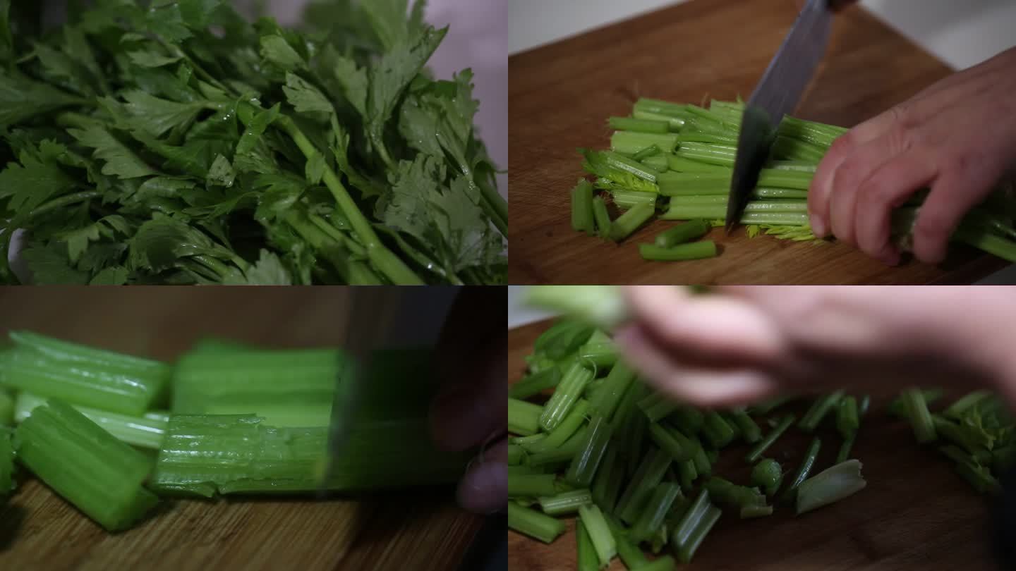 芹菜叶片 水珠 茎秆 切段 放入塑料盆
