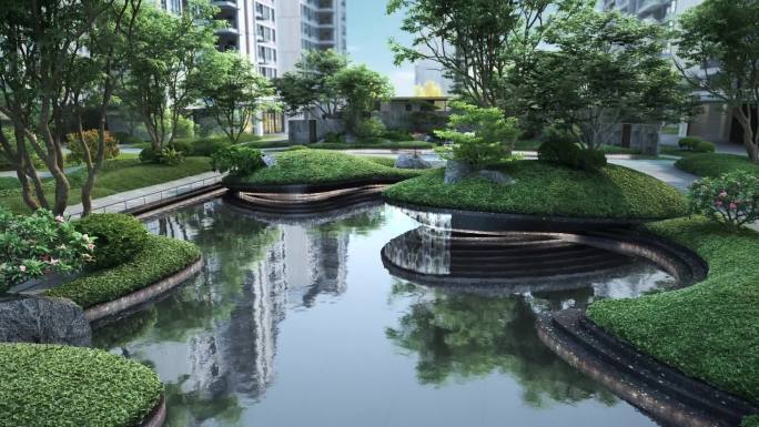 新中式中庭水景园林景观动画素材