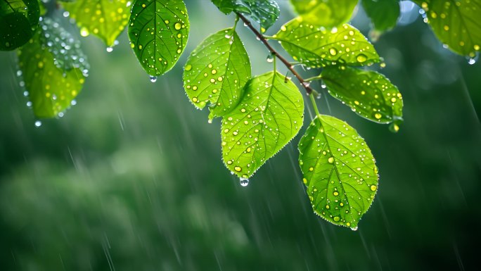 下雨天树叶子雨露露水雨滴唯美ai素材春天