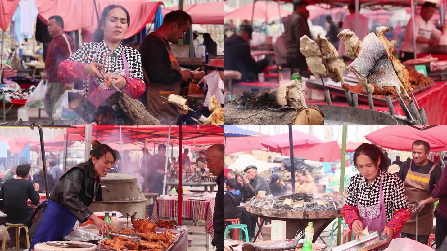 新疆巴扎上卖烤鱼的商户