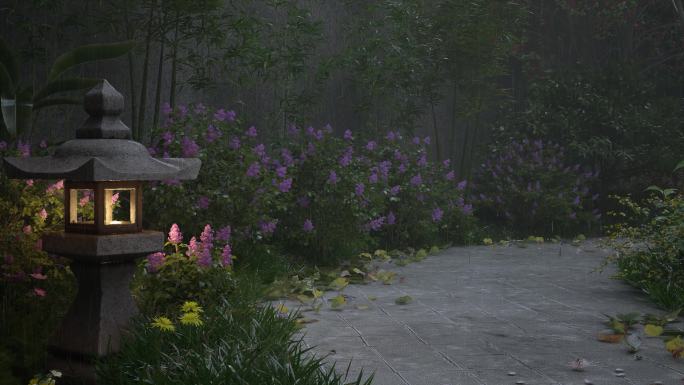 4K中国风雨景园林庭院