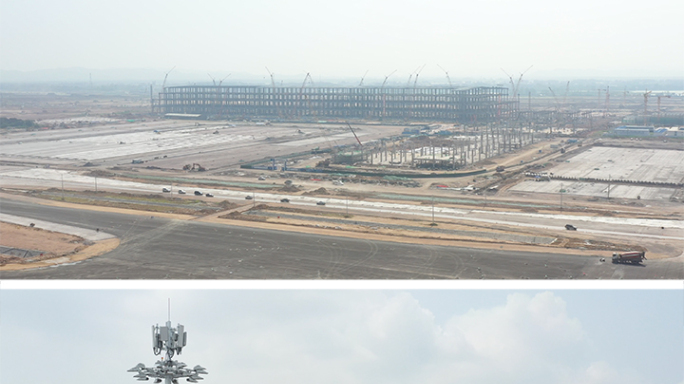 鄂州机场建设航拍 转运中心货运站场地灯光
