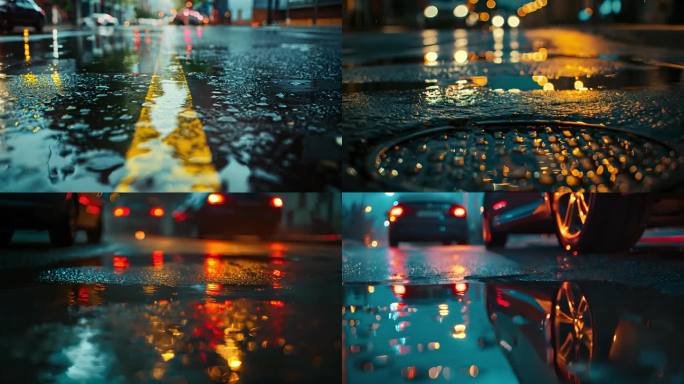城市雨夜 湿润的马路 城市倒影 唯美
