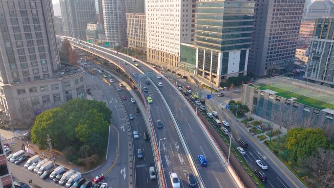 上海黄浦区人民路延安东路航拍马路道路车流