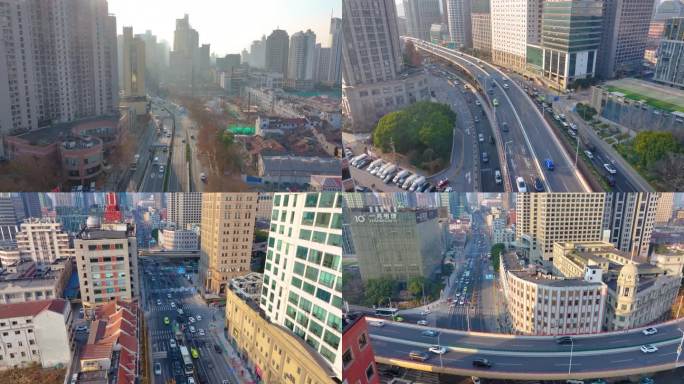 上海黄浦区人民路延安东路航拍马路道路车流