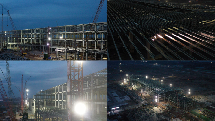 鄂州机场 转运中心夜晚施工空景 钢结构