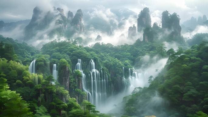 中国古山水 上春山 崇山峻岭 绿色山峰