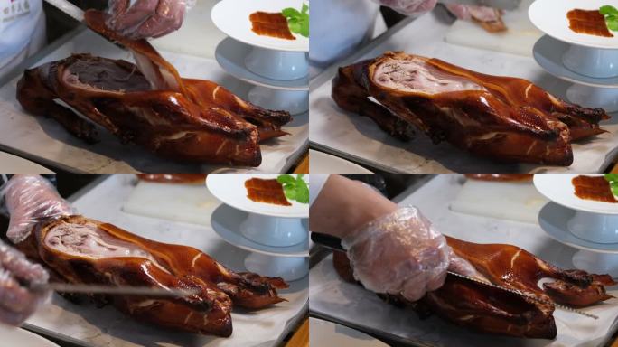 烹饪制作北京烤鸭的特写