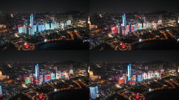 4K航拍青岛浮山湾五四广场城市夜景